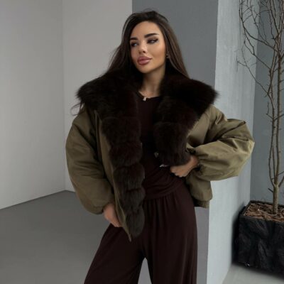 Женская Зимняя Куртка Хаки с Натуральным Мехом