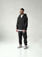 Мужской Теплый Флисовый Черный Костюм Свободного Кроя - Худи с Короткой Змейкой + Штаны Джоггеры