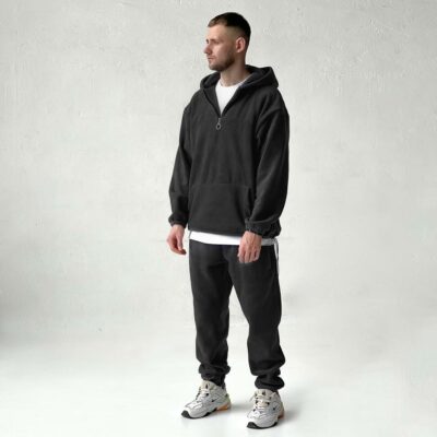 Мужской Теплый Флисовый Черный Костюм Свободного Кроя - Худи с Короткой Змейкой + Штаны Джоггеры