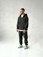 Мужской Теплый Флисовый Костюм Хаки Свободного Кроя - Худи с Короткой Змейкой + Штаны Джоггеры