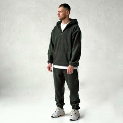 Мужской Теплый Флисовый Костюм Хаки Свободного Кроя - Худи с Короткой Змейкой + Штаны Джоггеры