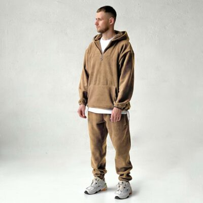 Мужской Теплый Флисовый Бежевый Костюм Свободного Кроя - Худи с Короткой Змейкой + Штаны Джоггеры