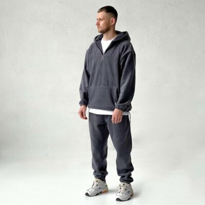 Мужской Теплый Флисовый Графитовый Костюм Свободного Кроя - Худи с Короткой Змейкой + Штаны Джоггеры