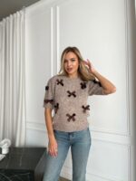 Женский Свитер Мокко с Бантиками и Короткими Рукавами