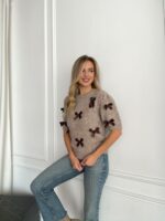 Женский Свитер Мокко с Бантиками и Короткими Рукавами