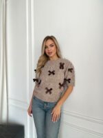 Женский Свитер Мокко с Бантиками и Короткими Рукавами