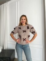 Женский Свитер Мокко с Бантиками и Короткими Рукавами