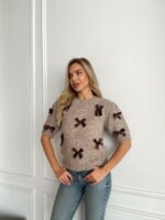 Женский Свитер Мокко с Бантиками и Короткими Рукавами