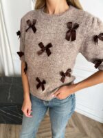 Женский Свитер Мокко с Бантиками и Короткими Рукавами