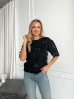 Женский Черный Свитер с Бантиками и Короткими Рукавами