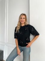 Женский Черный Свитер с Бантиками и Короткими Рукавами