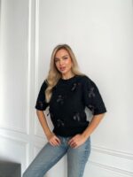 Женский Черный Свитер с Бантиками и Короткими Рукавами