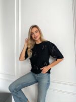 Женский Черный Свитер с Бантиками и Короткими Рукавами