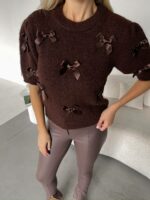 Женский Коричневый Свитер с Бантиками и Короткими Рукавами