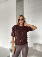 Женский Коричневый Свитер с Бантиками и Короткими Рукавами