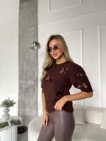 Женский Коричневый Свитер с Бантиками и Короткими Рукавами