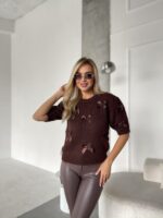 Женский Коричневый Свитер с Бантиками и Короткими Рукавами