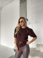 Женский Коричневый Свитер с Бантиками и Короткими Рукавами