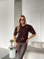 Женский Коричневый Свитер с Бантиками и Короткими Рукавами