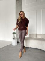 Женский Коричневый Свитер с Бантиками и Короткими Рукавами