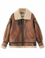 Женская Коричневая Дубленка Оверсайз на Молнии с Зястежками на Воротнике