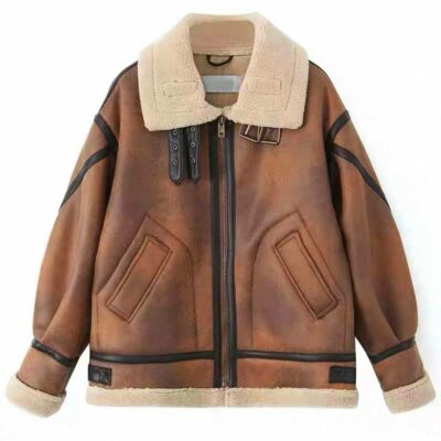 Женская Коричневая Дубленка Оверсайз на Молнии с Зястежками на Воротнике