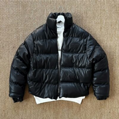 Мужская Зимняя Кожаная Черная Куртка Пуховик - Стеганая с Высоким Горлом