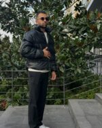 Мужская Зимняя Кожаная Черная Куртка Пуховик - Стеганая с Высоким Горлом