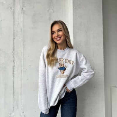 Женский Утепленный Серый Свитшот Оверсайз с Вышивкой