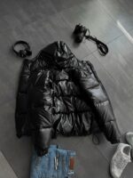 Мужская Зимняя Черная Куртка Пуховик под Кожу - Стеганая на Затяжках