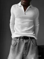 Мужской Базовый Белый Свитер с Воротником Поло на Коротком Замке