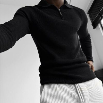 Мужской Базовый Черный Свитер с Воротником Поло на Коротком Замке