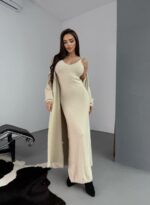 Женское Пушистое Бежевое Платье Макси + Мягкий Длинный Кардиган (Комплект)