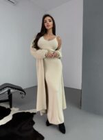 Женское Пушистое Бежевое Платье Макси + Мягкий Длинный Кардиган (Комплект)