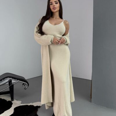 Женское Пушистое Бежевое Платье Макси + Мягкий Длинный Кардиган (Комплект)