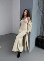 Женское Пушистое Бежевое Платье Макси + Мягкий Длинный Кардиган (Комплект)