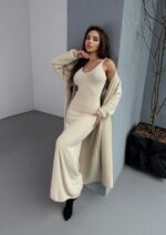 Женское Пушистое Бежевое Платье Макси + Мягкий Длинный Кардиган (Комплект)