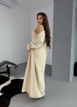 Женское Пушистое Бежевое Платье Макси + Мягкий Длинный Кардиган (Комплект)