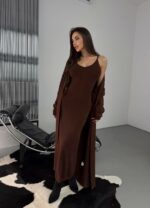 Женское Пушистое Коричневое Платье Макси + Мягкий Длинный Кардиган (Комплект)
