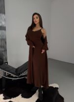 Женское Пушистое Коричневое Платье Макси + Мягкий Длинный Кардиган (Комплект)