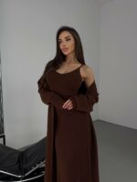 Женское Пушистое Коричневое Платье Макси + Мягкий Длинный Кардиган (Комплект)