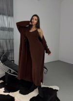 Женское Пушистое Коричневое Платье Макси + Мягкий Длинный Кардиган (Комплект)