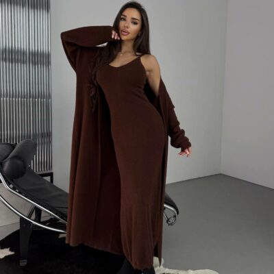 Женское Пушистое Коричневое Платье Макси + Мягкий Длинный Кардиган (Комплект)