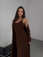 Женское Пушистое Коричневое Платье Макси + Мягкий Длинный Кардиган (Комплект)