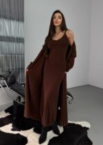 Женское Пушистое Коричневое Платье Макси + Мягкий Длинный Кардиган (Комплект)