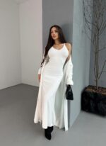 Женское Пушистое Белое Платье Макси + Мягкий Длинный Кардиган (Комплект)