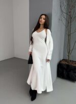 Женское Пушистое Белое Платье Макси + Мягкий Длинный Кардиган (Комплект)