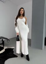 Женское Пушистое Белое Платье Макси + Мягкий Длинный Кардиган (Комплект)