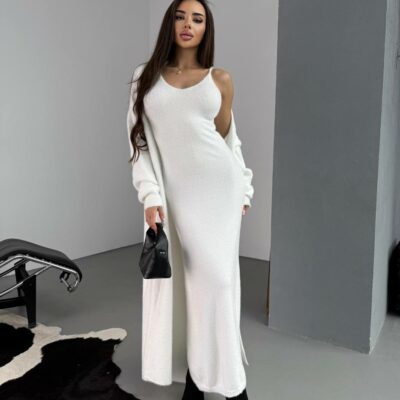 Женское Пушистое Белое Платье Макси + Мягкий Длинный Кардиган (Комплект)