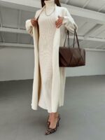 Женское Молочное Платье Макси в Рубчик без Рукавов с Высоким Воротником + Длинный Кардиган (Комплект)